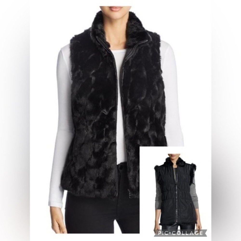 Bagatelle Black Faux Fur Faux Leather Reversible Vest Pockets Medium Like New